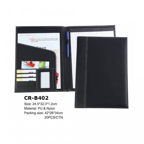 CR-B402 PU & Nylon material Business File Folder Black with white stitched