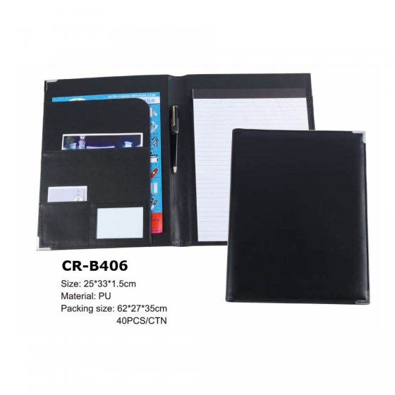 CR-B406 Faux Leather A4 Full Plain Cover File Folder with Silver Metal Corner