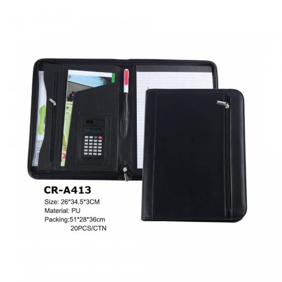 CR-A413 A4 Conference Folder Leather Business Portfolio Organiser with exterior zipped pocket