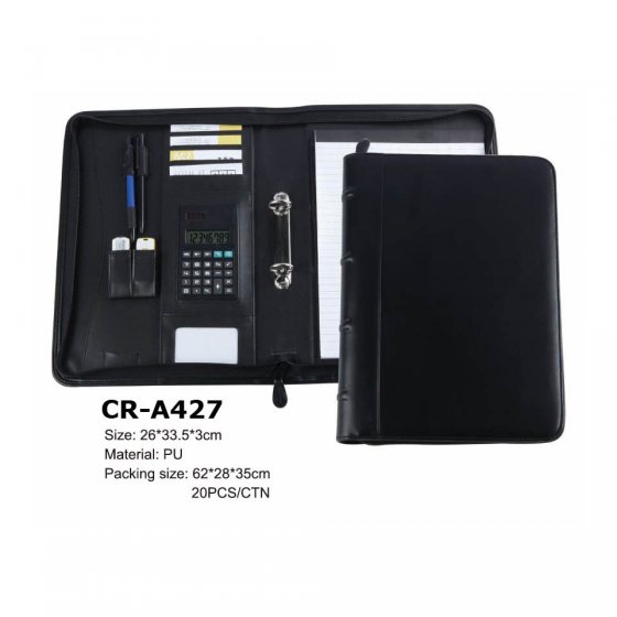 CR-A427 Black A4 Zipped PU Leather Ring Binder Portfolio New Products 2016
