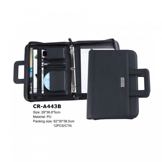 CR-A443B Leatherette 3 Ring Binder Folder Business Travelling Portfolio with double flexible Handle