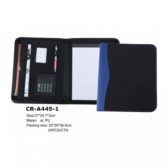CR-A445-1 Zipped A4 Conference Folder PU Leather Portfolio Organiser Holder Calculator Notebook