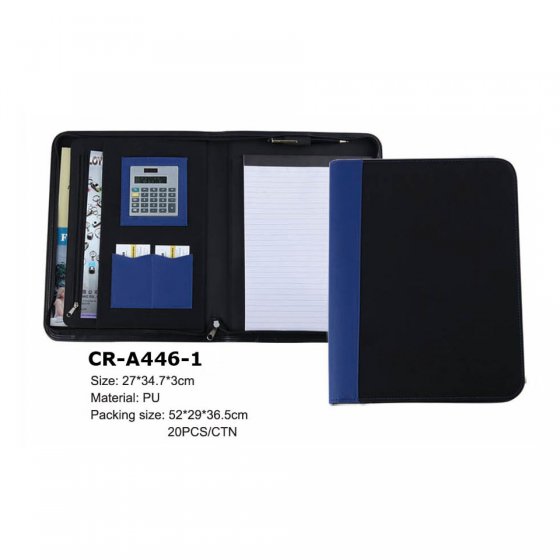 CR-A446-1 Fashion A4 Zipped Black Deluxe Executive Conference Folder with calculator