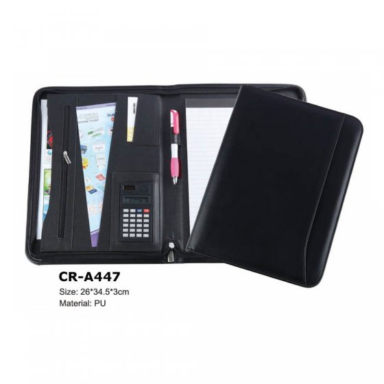 CR-A447 Zipped Conference Folder Business Faux Leather Document Case Portfolio with Calculator