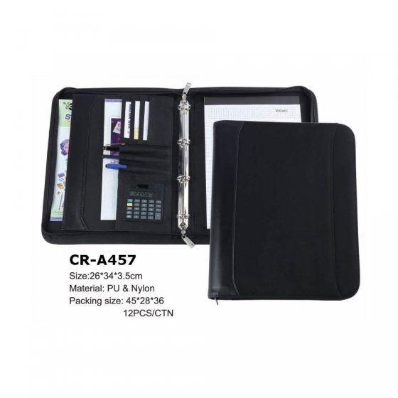 CR-A457 Black PU A4 Ring Binder with Calculator Exterior Slip Pouch