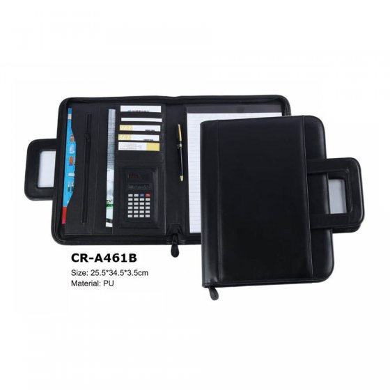 CR-A461B PU Leather A4 Executive Portfolio zip around conference file with flexible handles