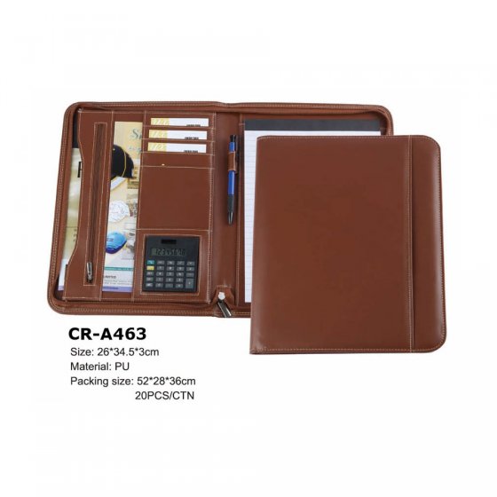 CR-A463 Brown PU Leather A4 Conference Folder Zipped Folio Case Portfolio Organiser